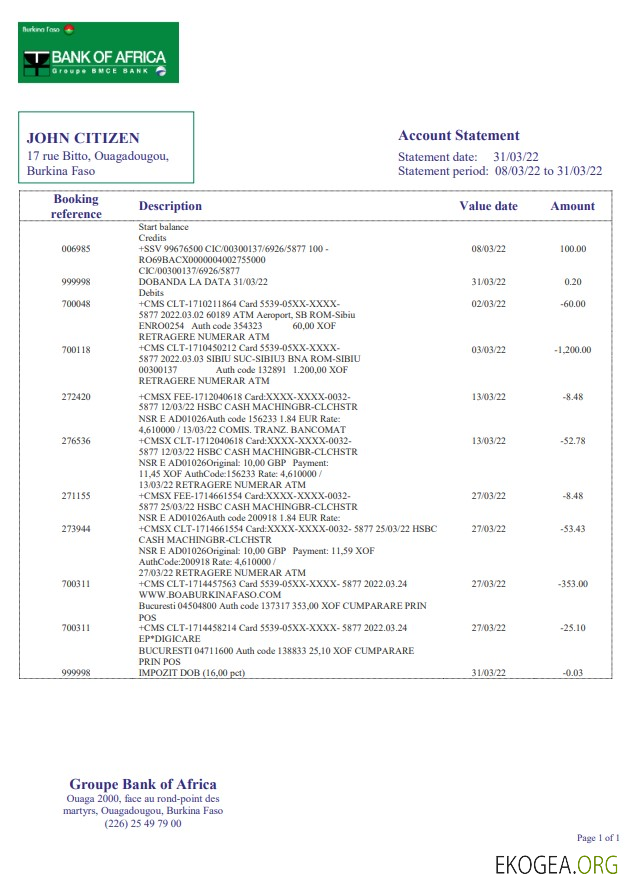 Relevé bancaire de la Bank of Africa du Burkina Faso template Relevé bancaire de la Bank of Africa du Burkina Faso template